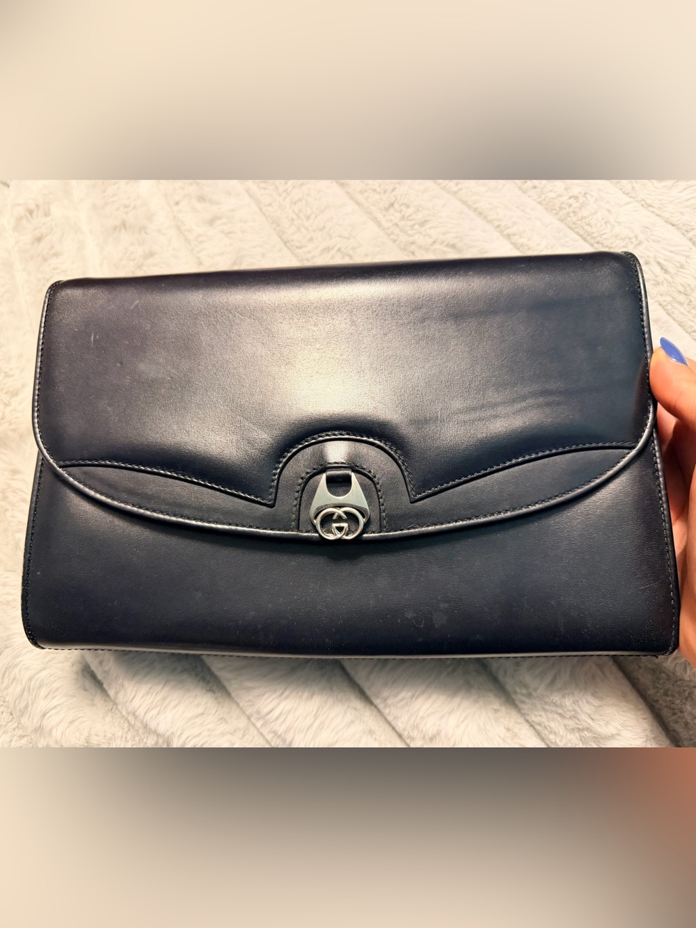 Vintage Gucci Black Leather Shoulder Clutch with Silver GG Accent